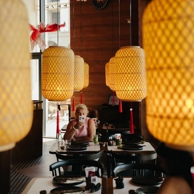 A row of wicker lanterns along the hall