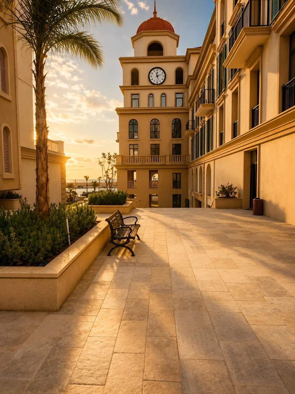 A passage by the clock tower at sunset
