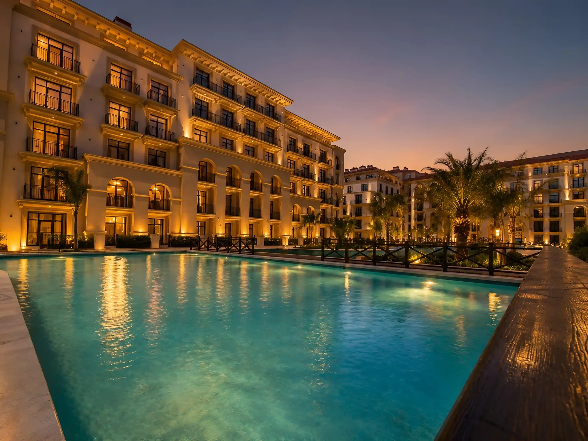 An evening in Marina Village: illuminated buildings and a canal-pool in the quarter's courtyard