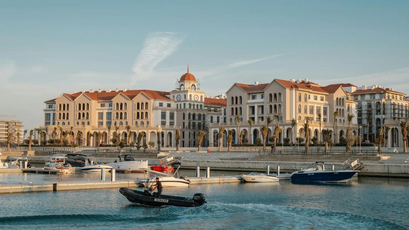 The Marina Village embankment and boats at the pier