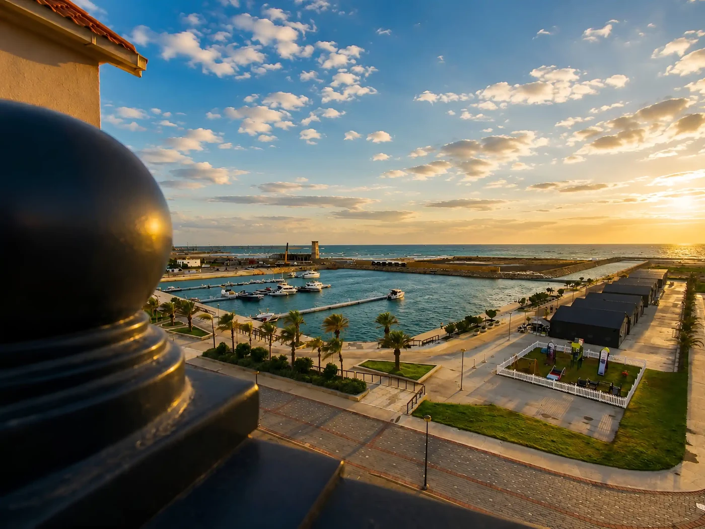 A sunset over the Sea Breeze marina