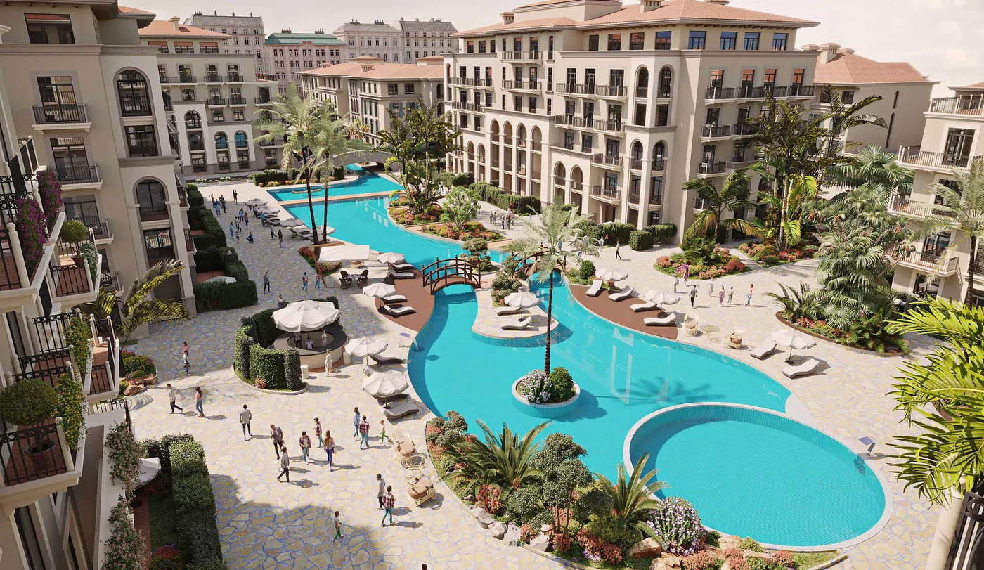A Marina Village courtyard with a pool, a view from above
