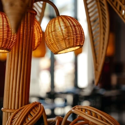 Wicker rattan lamps above the tables